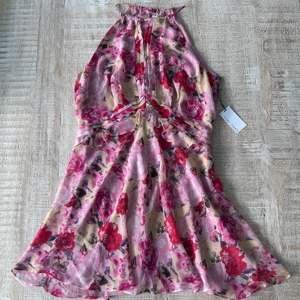 Floret Studios‎ Floral Ruffle Waist Chiffon Dress Pink/Red/Beige Floral XL NWT